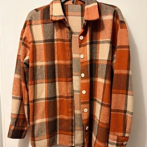 SHEIN Plaid Oversized Long Sleeve Shacket in Orange and Brown